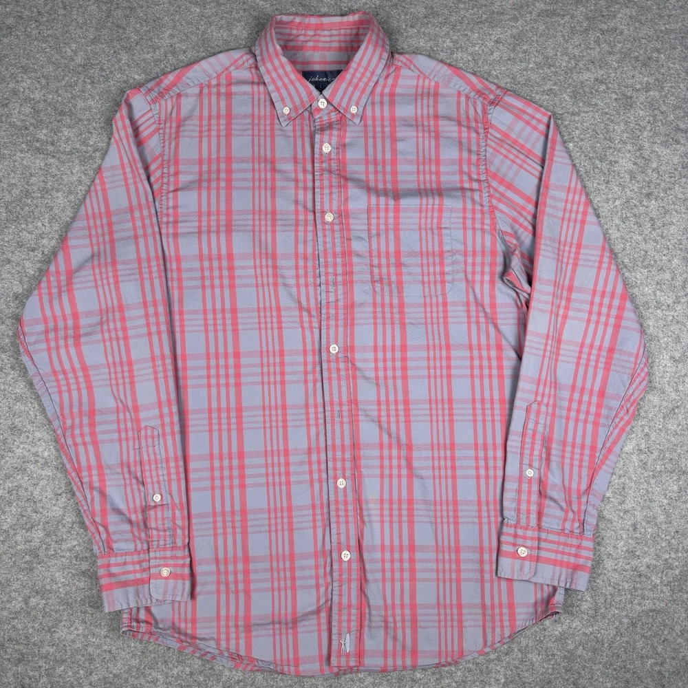 johnnie-O Shirt Mens Large Grey Pink Plaid Button Down Long Sleeve Casual L